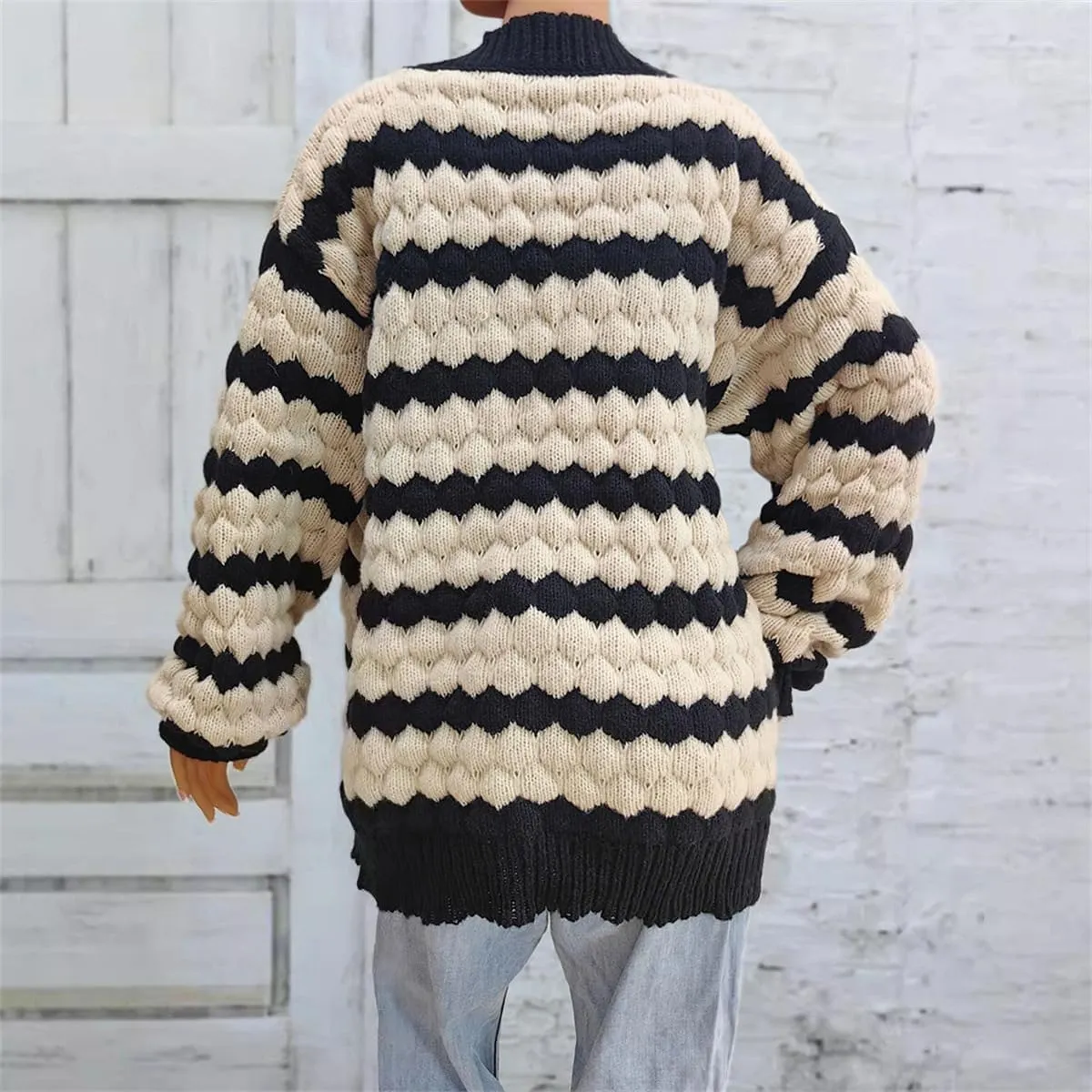 RONGTAI Womens Open Front Cardigan Sweater Long Sleeve Loose Color Block Chunky Cable Knit Outerwear Coat