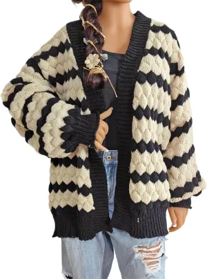 RONGTAI Womens Open Front Cardigan Sweater Long Sleeve Loose Color Block Chunky Cable Knit Outerwear Coat