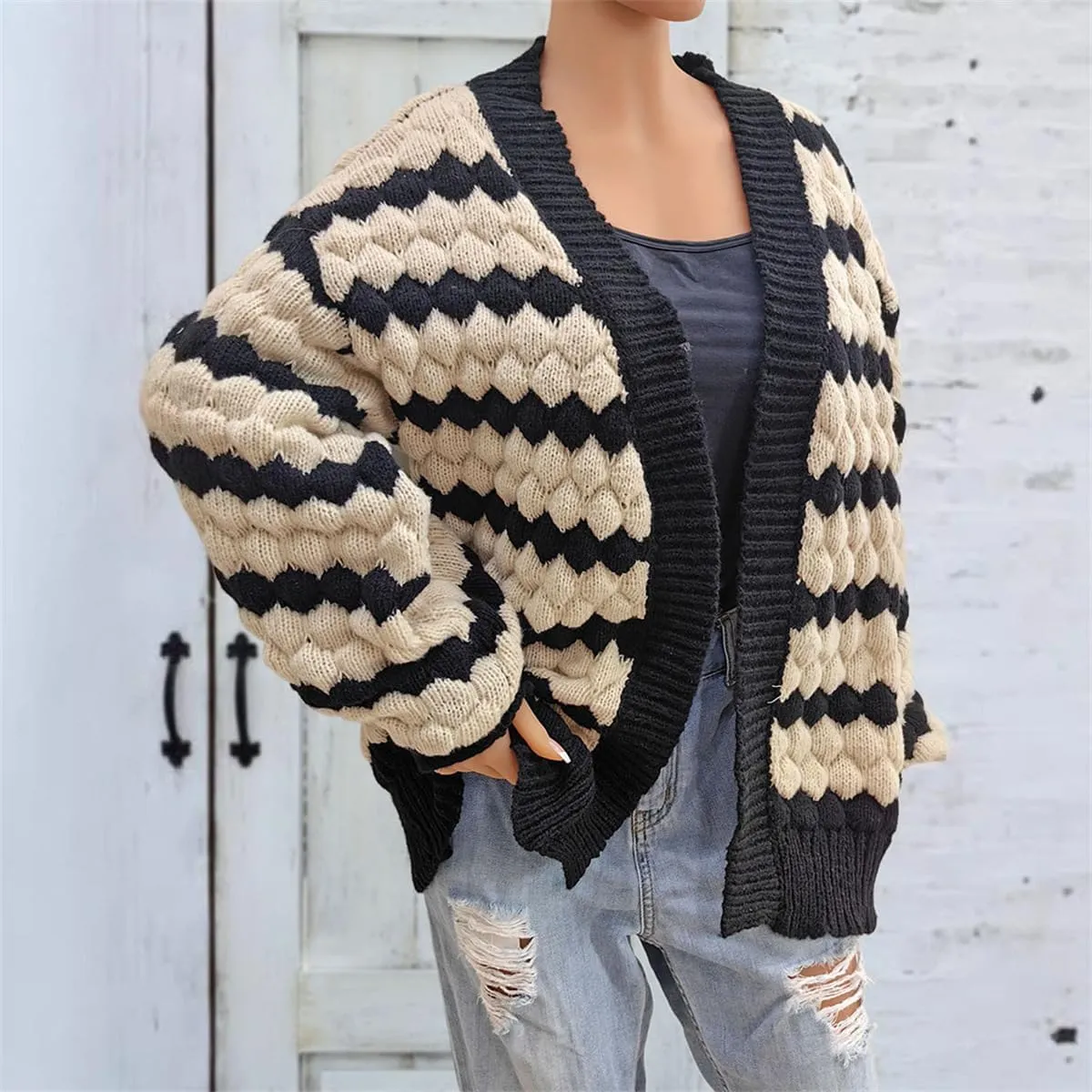 RONGTAI Womens Open Front Cardigan Sweater Long Sleeve Loose Color Block Chunky Cable Knit Outerwear Coat