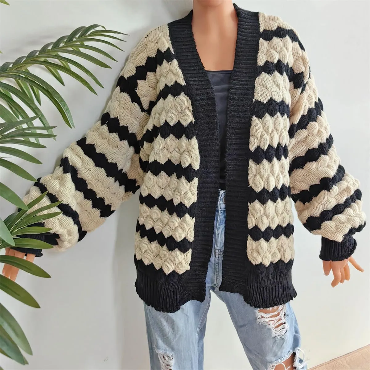 RONGTAI Womens Open Front Cardigan Sweater Long Sleeve Loose Color Block Chunky Cable Knit Outerwear Coat