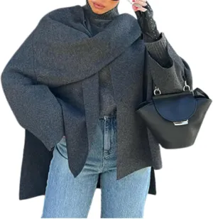 Scarf Coat Women Oversized Wool Blend Jacket Cape Coat Scarf Jacket Pea Coat Dressy Casual Winter Fashion