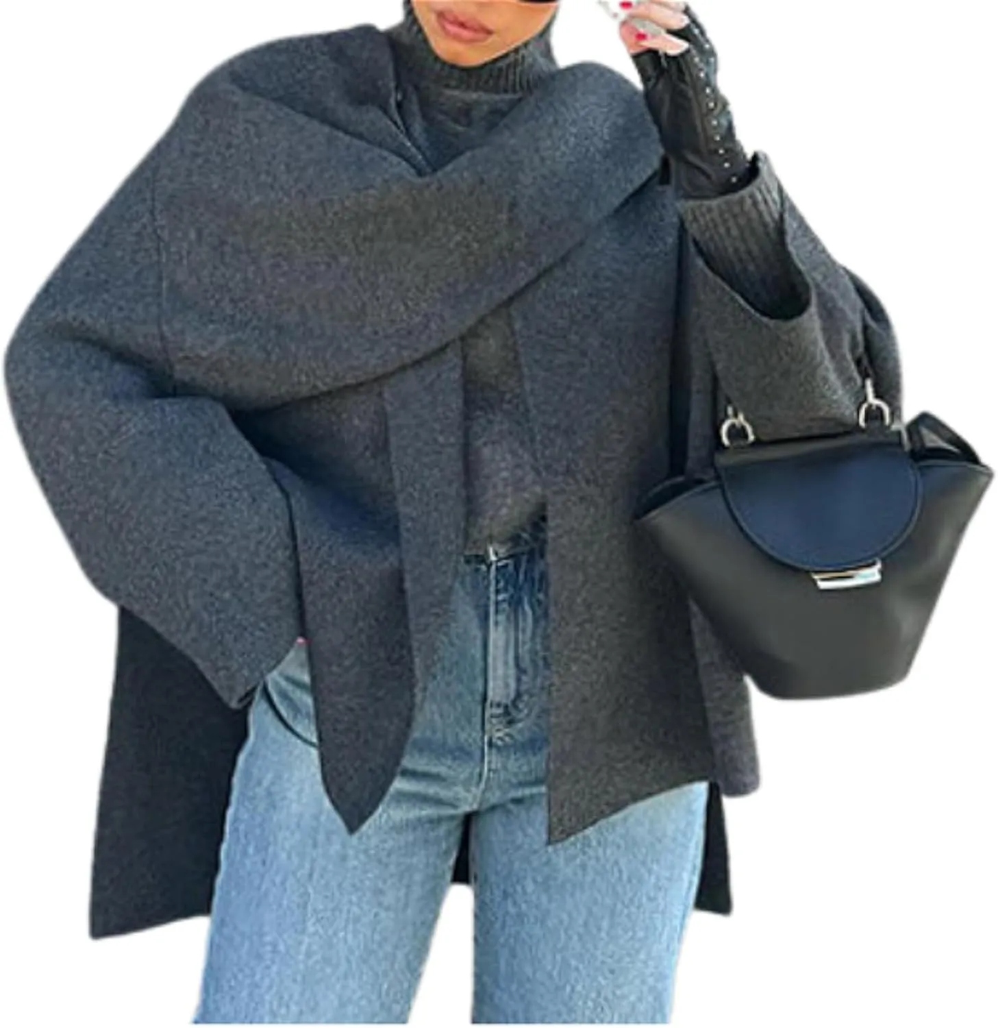 Scarf Coat Women Oversized Wool Blend Jacket Cape Coat Scarf Jacket Pea Coat Dressy Casual Winter Fashion