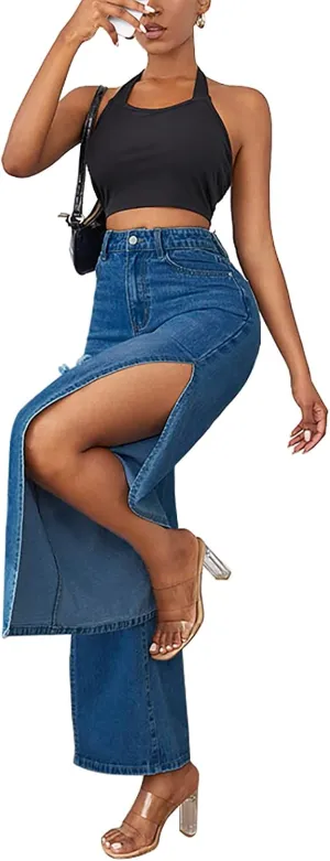 SCOMCHIC Women's High Waisted Wide Leg Ripped Jeans High Side Slit Distressed Denim Jeans Pants Relaxed Fit Baggy Jeans S-3XL