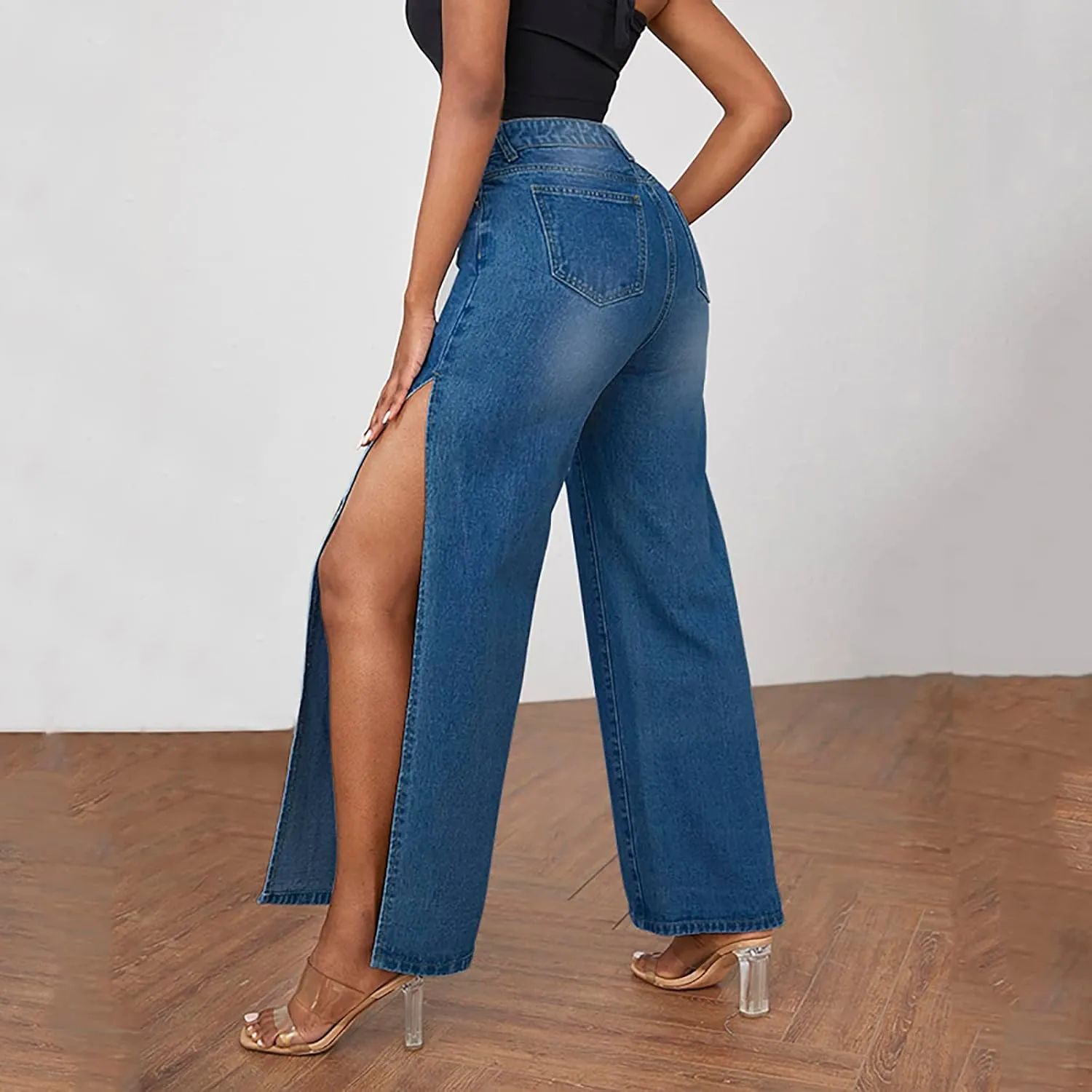 SCOMCHIC Women's High Waisted Wide Leg Ripped Jeans High Side Slit Distressed Denim Jeans Pants Relaxed Fit Baggy Jeans S-3XL
