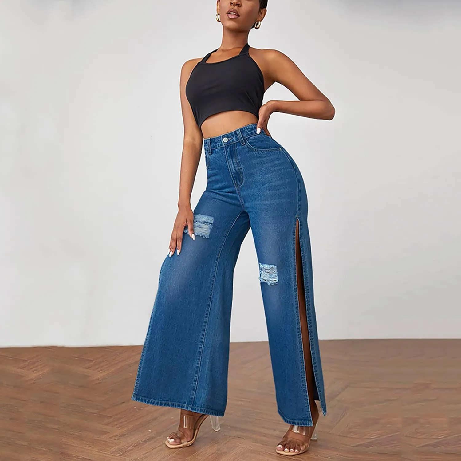 SCOMCHIC Women's High Waisted Wide Leg Ripped Jeans High Side Slit Distressed Denim Jeans Pants Relaxed Fit Baggy Jeans S-3XL