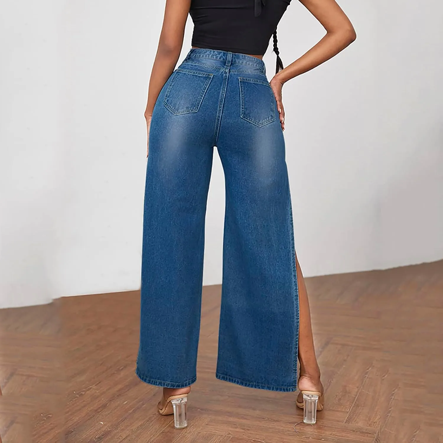 SCOMCHIC Women's High Waisted Wide Leg Ripped Jeans High Side Slit Distressed Denim Jeans Pants Relaxed Fit Baggy Jeans S-3XL