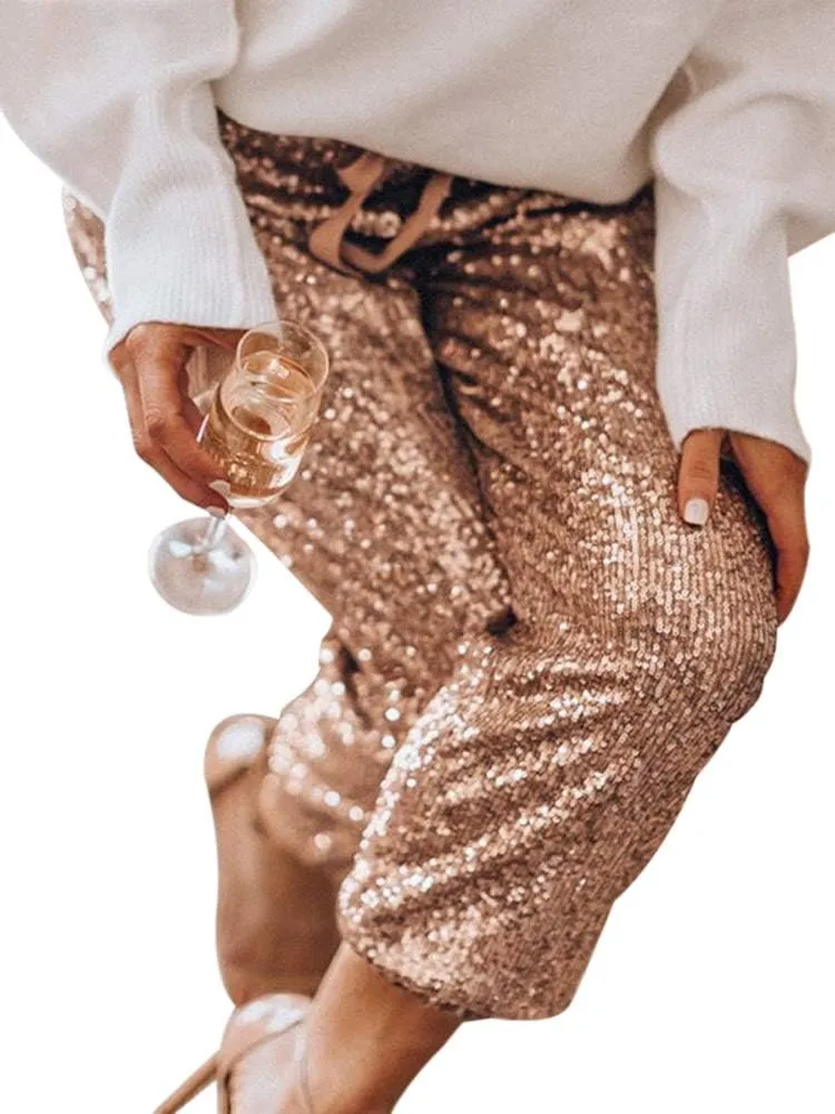 SCORP Women's Casual Glitter Bling Sequins Ruffle High Waisted Drawstring Long Pants Clubwear