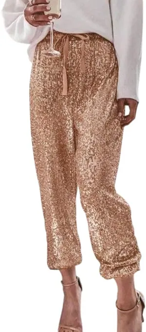 SCORP Women's Casual Glitter Bling Sequins Ruffle High Waisted Drawstring Long Pants Clubwear