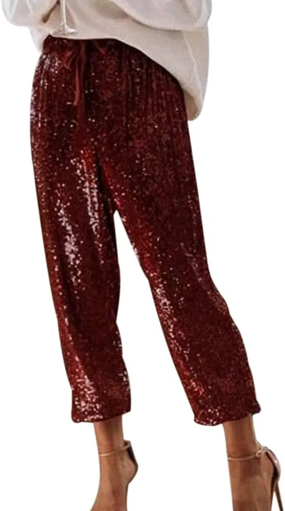 SCORP Women's Casual Glitter Bling Sequins Ruffle High Waisted Drawstring Long Pants Clubwear