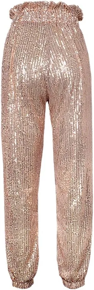 SCORP Women's Casual Glitter Bling Sequins Ruffle High Waisted Drawstring Long Pants Clubwear