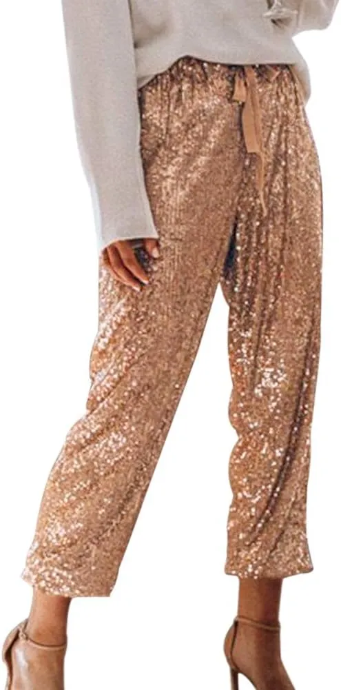 SCORP Women's Casual Glitter Bling Sequins Ruffle High Waisted Drawstring Long Pants Clubwear