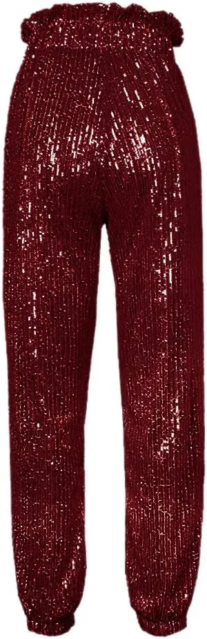 SCORP Women's Casual Glitter Bling Sequins Ruffle High Waisted Drawstring Long Pants Clubwear