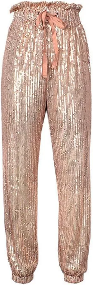 SCORP Women's Casual Glitter Bling Sequins Ruffle High Waisted Drawstring Long Pants Clubwear
