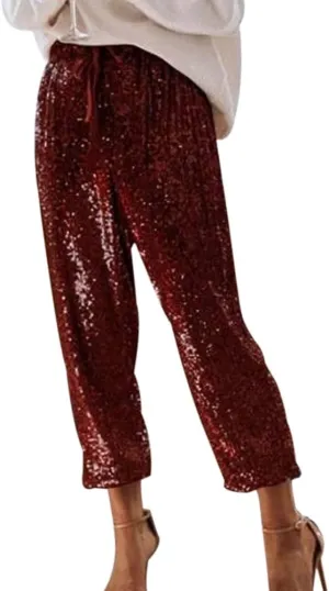 SCORP Women's Casual Glitter Bling Sequins Ruffle High Waisted Drawstring Long Pants Clubwear