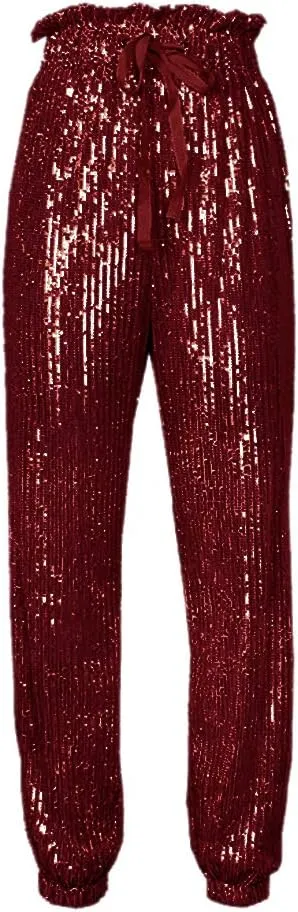 SCORP Women's Casual Glitter Bling Sequins Ruffle High Waisted Drawstring Long Pants Clubwear