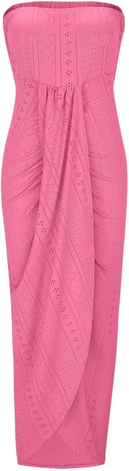 Sexy Strapless Ruched Summer Dresses for Women 2025 Trendy Eyelet High Waist Wrap Split Beach Maxi Dresses Cocktail