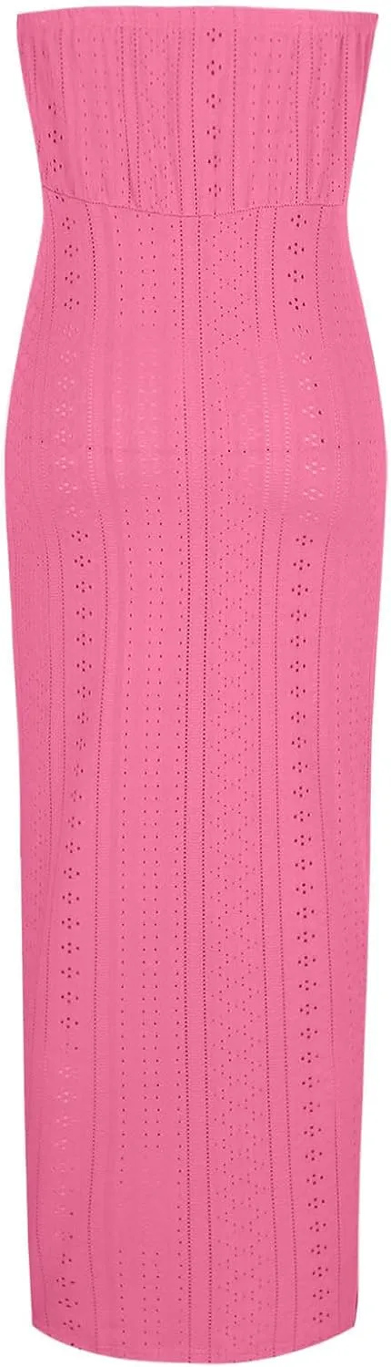 Sexy Strapless Ruched Summer Dresses for Women 2025 Trendy Eyelet High Waist Wrap Split Beach Maxi Dresses Cocktail