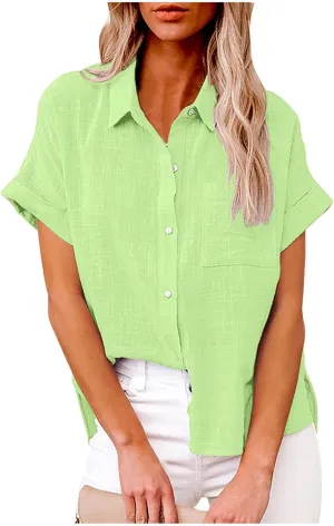 Shirts for Women Linen Summer Tops Button Down Collar Roll Up Short Sleeve T-Shirts Blouses Baggy Shirt with Pocket