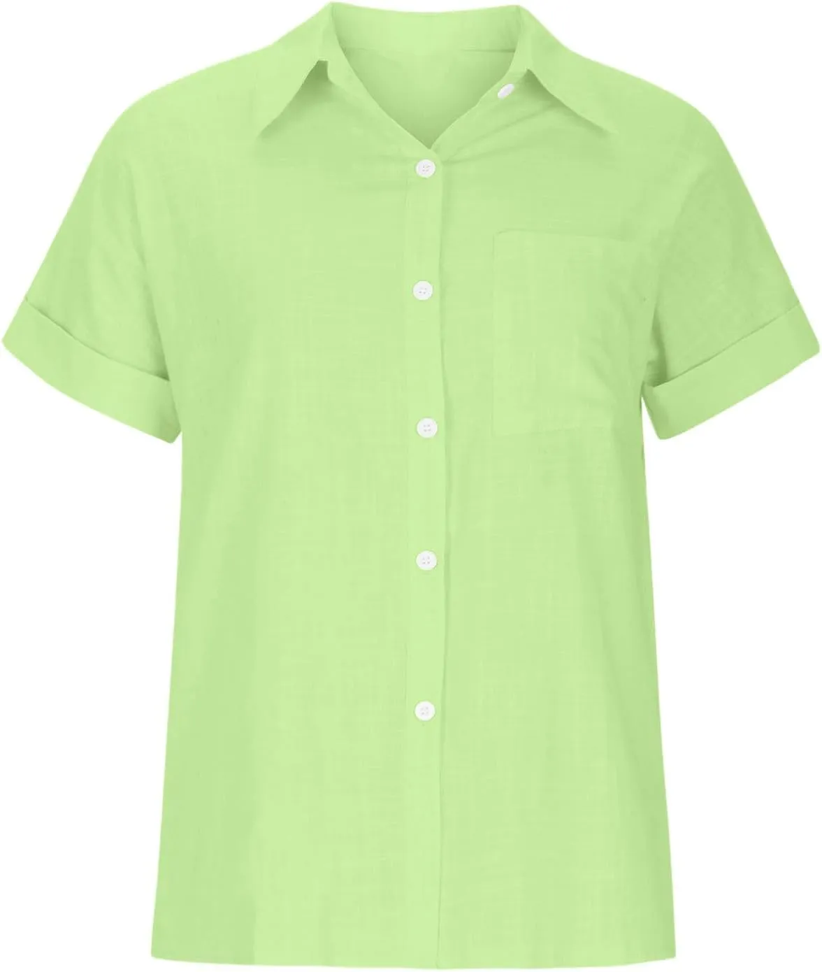 Shirts for Women Linen Summer Tops Button Down Collar Roll Up Short Sleeve T-Shirts Blouses Baggy Shirt with Pocket
