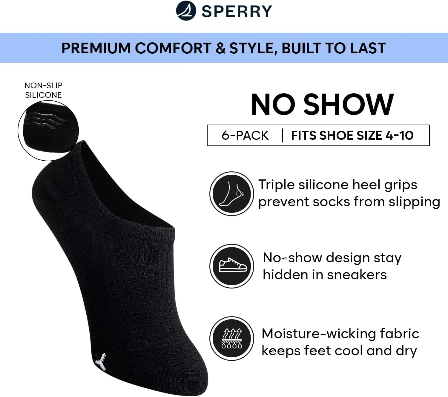 Sperry Womens 6-Pack Super No Show Socks  Cushioned, Breathable, Anti-Slip Low Cut Socks for Sneakers Running & Casual Wear