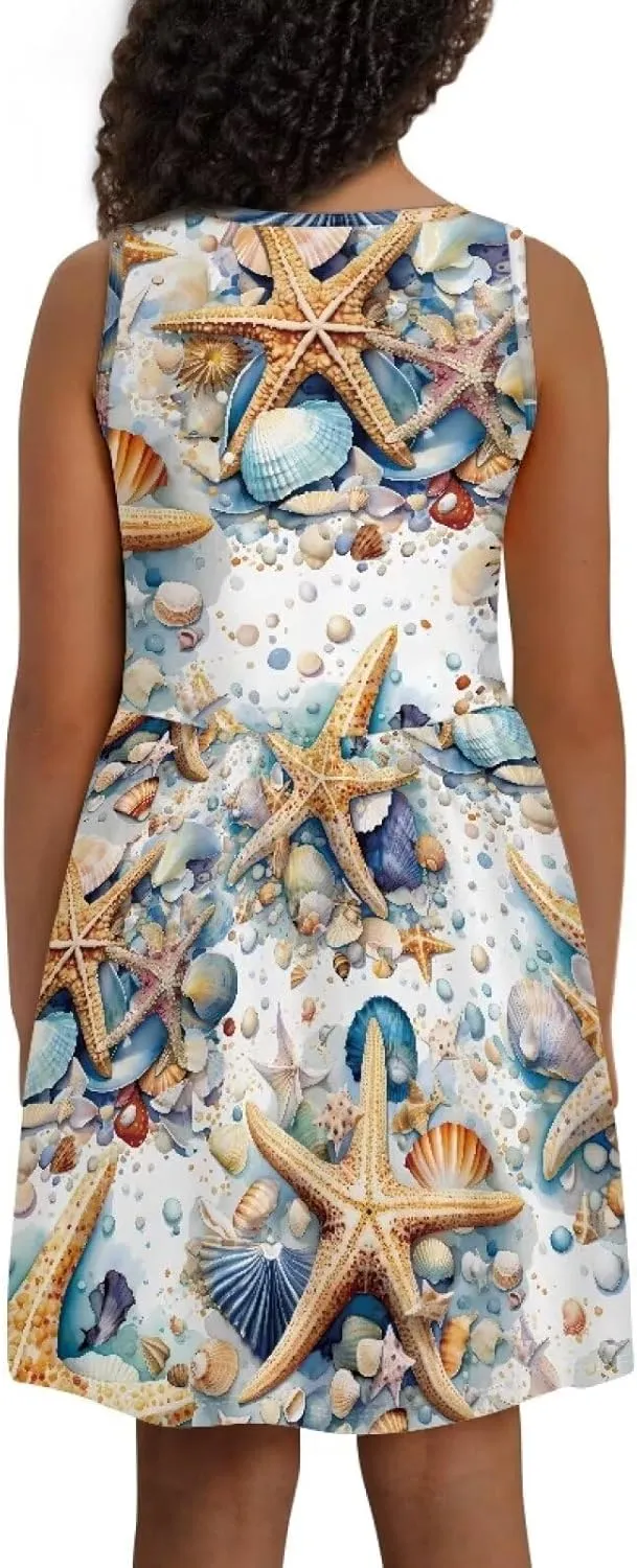 Summer Dresses for Girls 2-14 Girls Dresses Crewneck Sleeveless Sundress Beach Party Midi Dress Kids School