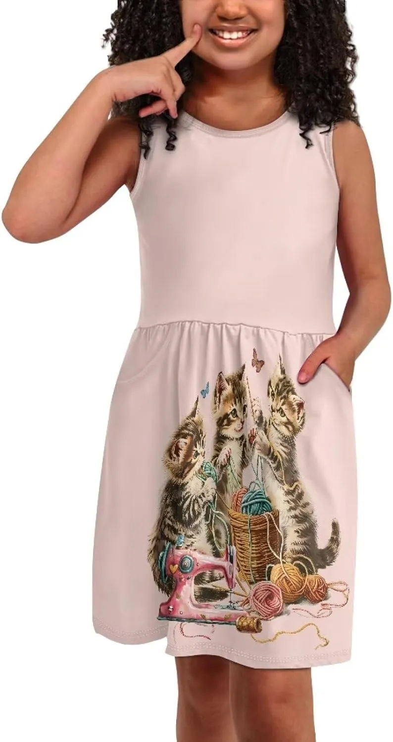 Summer Dresses for Girls 2-14 Girls Dresses Crewneck Sleeveless Sundress Beach Party Midi Dress Kids School