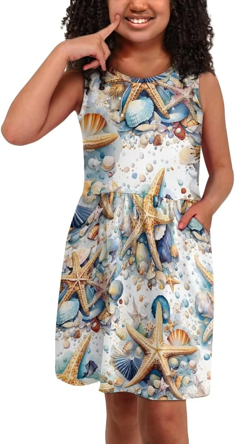 Summer Dresses for Girls 2-14 Girls Dresses Crewneck Sleeveless Sundress Beach Party Midi Dress Kids School