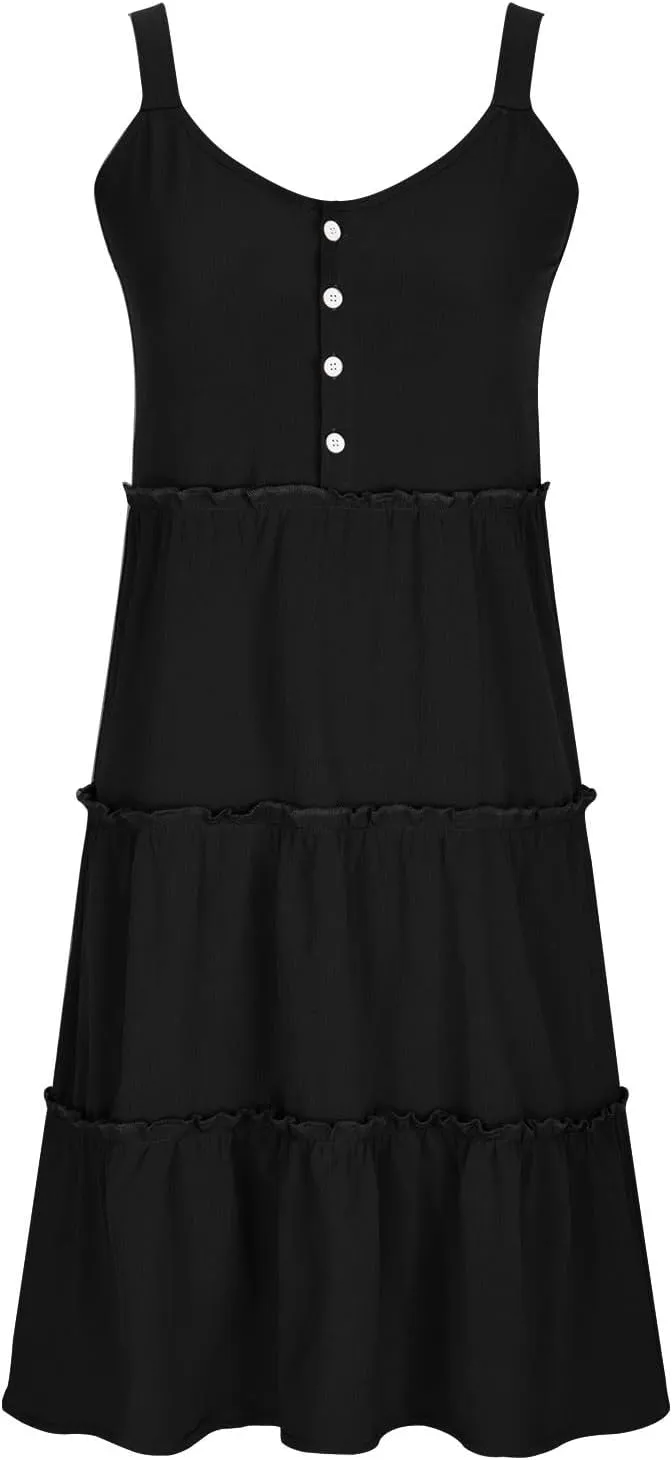 Summer Dresses for Women Simple Solid Color Tank Dress Beach Sleeveless Trendy Casual Button V Neck Tiered Sundress