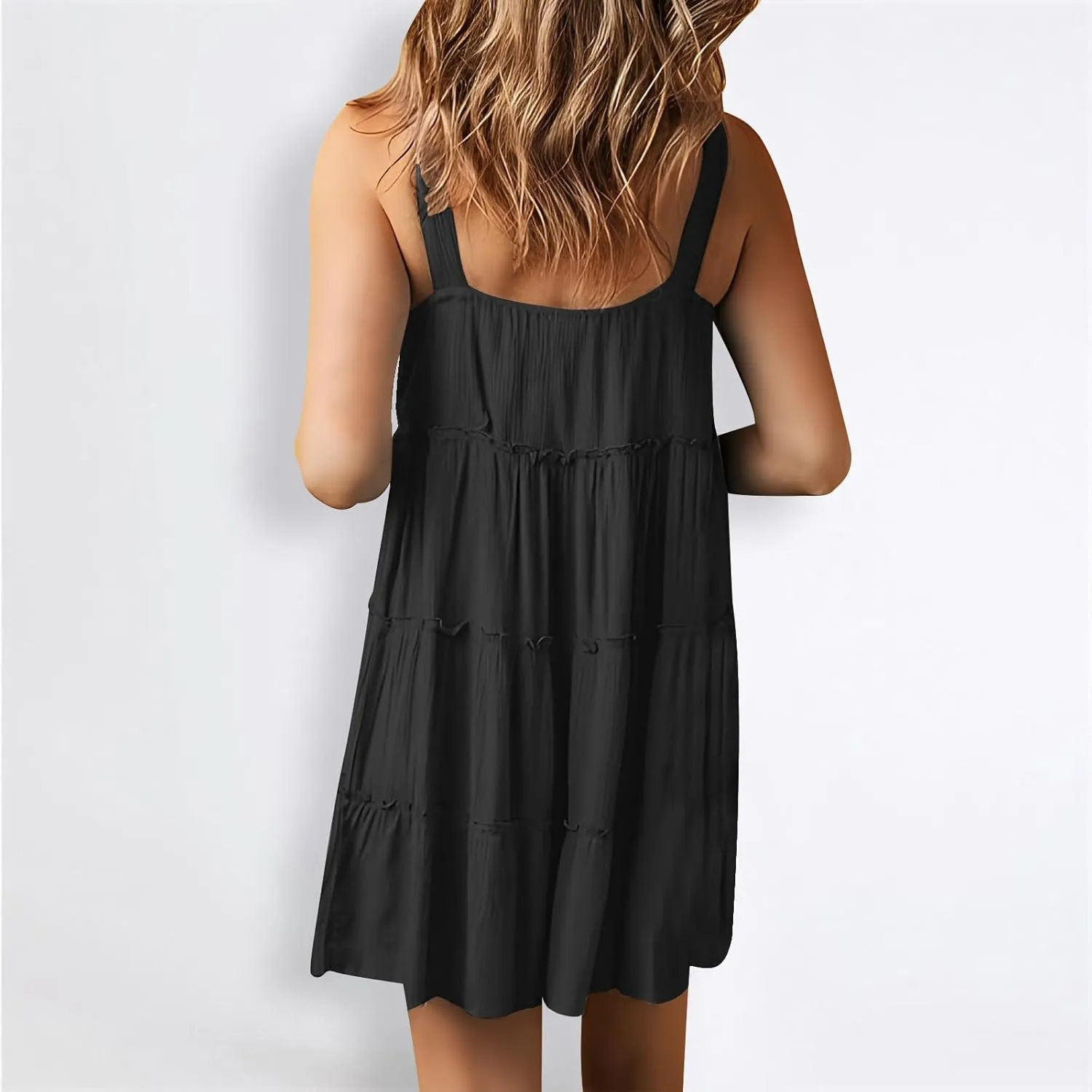 Summer Dresses for Women Simple Solid Color Tank Dress Beach Sleeveless Trendy Casual Button V Neck Tiered Sundress