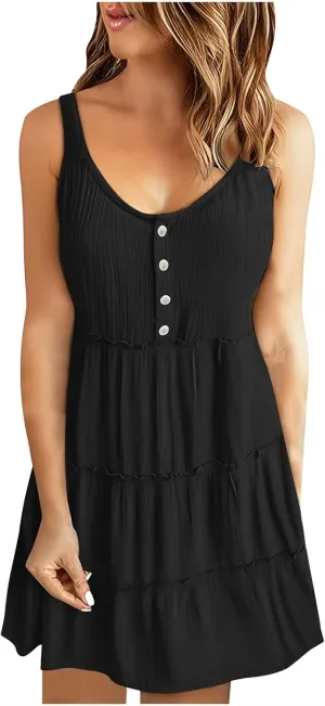 Summer Dresses for Women Simple Solid Color Tank Dress Beach Sleeveless Trendy Casual Button V Neck Tiered Sundress