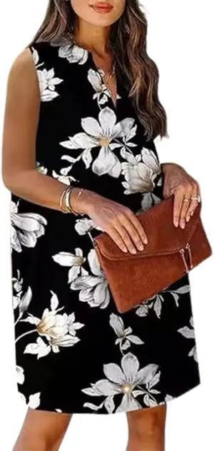 Summer Dresses for Women Sleeveless Dresses Casual V Neck Floral Print Shift Mini Dress Work Dress