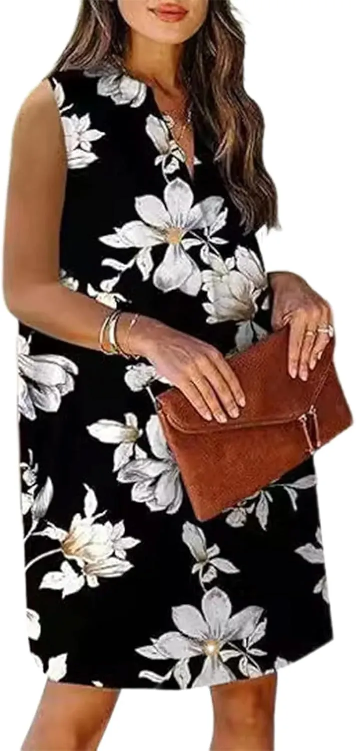 Summer Dresses for Women Sleeveless Dresses Casual V Neck Floral Print Shift Mini Dress Work Dress