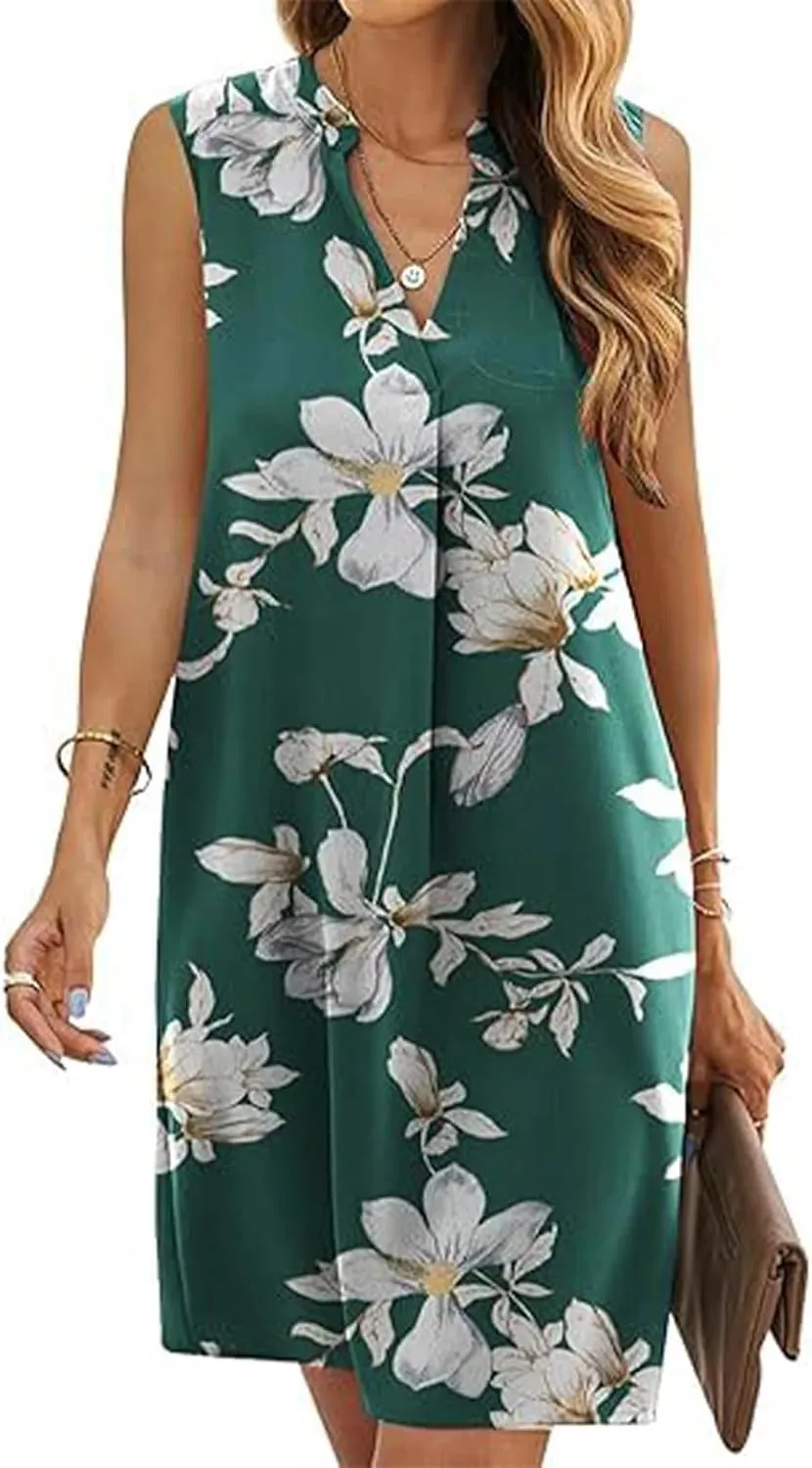 Summer Dresses for Women Sleeveless Dresses Casual V Neck Floral Print Shift Mini Dress Work Dress
