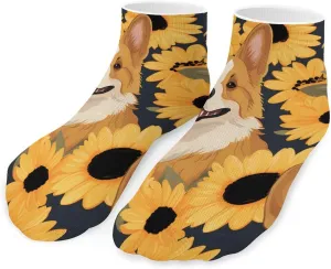 Sunflower Corgi Printed Ankle Socks No Show Sock Low-Cut Athletic Socks for Men Women 1 Pair