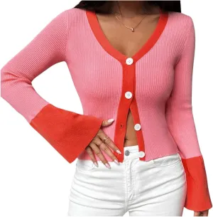 SweatyRocks Women's Button Down Cardigan Long Bell Sleeve Tops Knit V Neck Sweaters