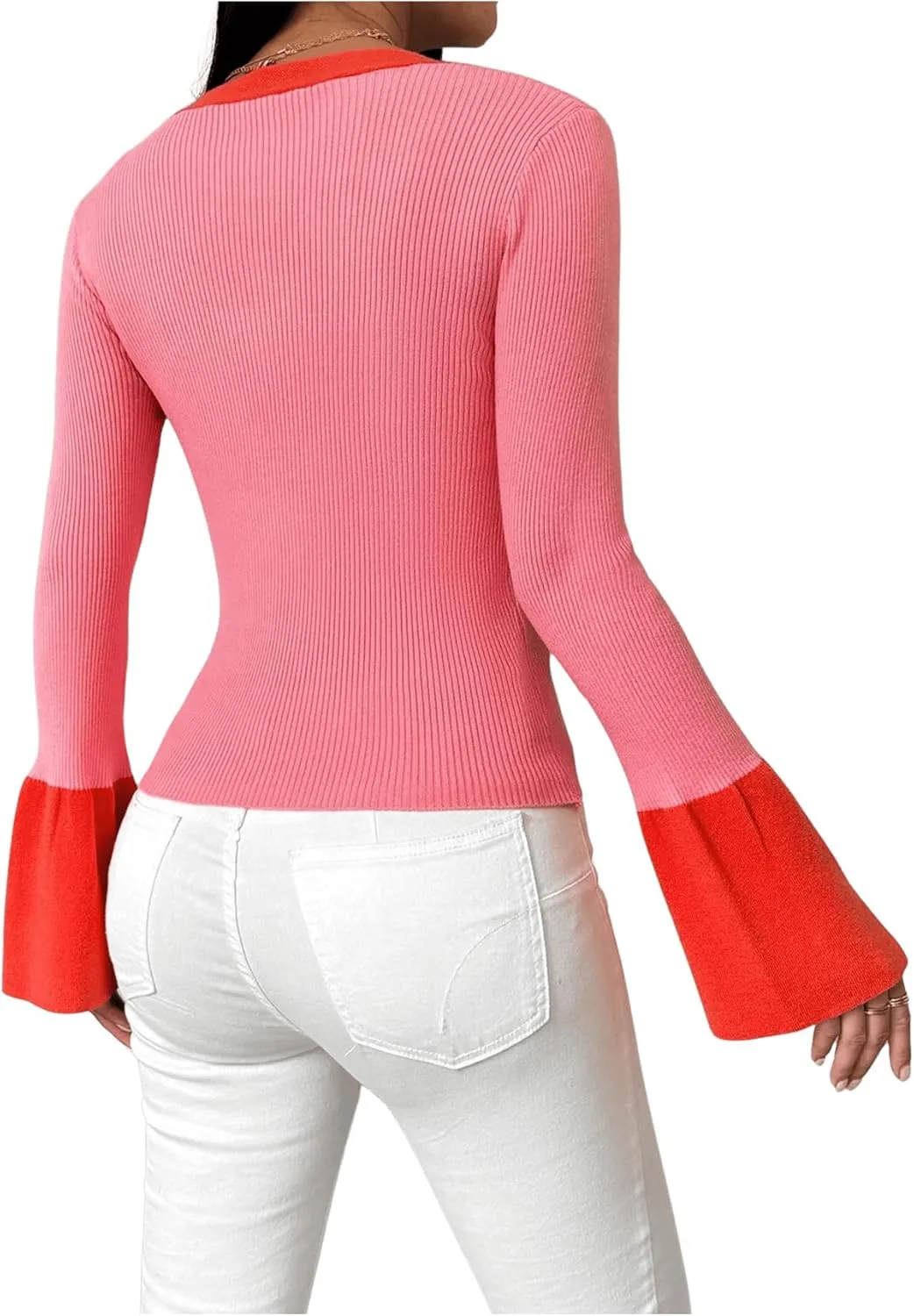 SweatyRocks Women's Button Down Cardigan Long Bell Sleeve Tops Knit V Neck Sweaters