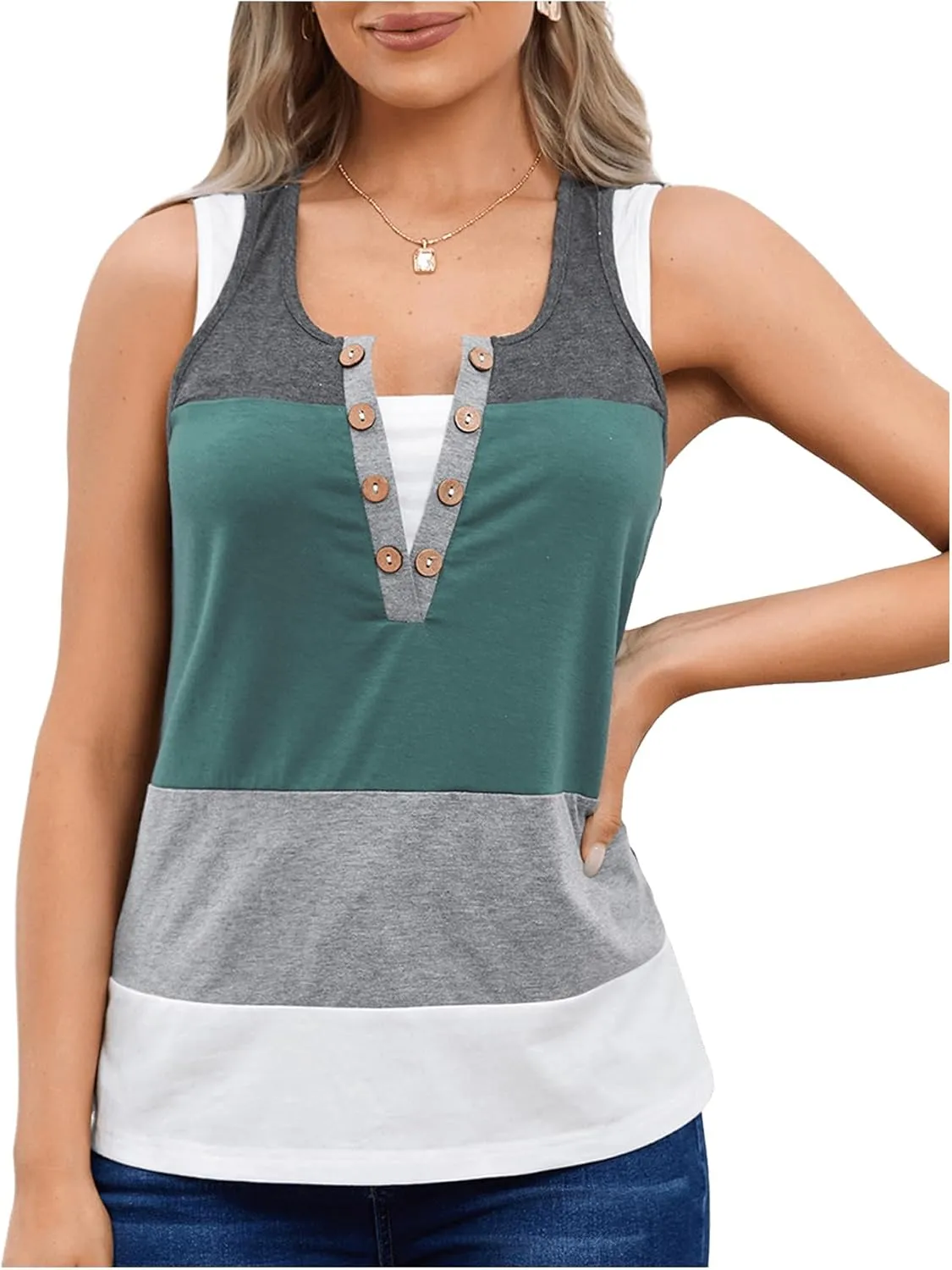 SweatyRocks Women's Color Block Sleeveless Button Front Tank Top Summer Casual 2 in 1 Shirt Tops