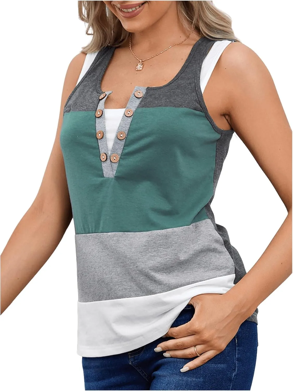 SweatyRocks Women's Color Block Sleeveless Button Front Tank Top Summer Casual 2 in 1 Shirt Tops