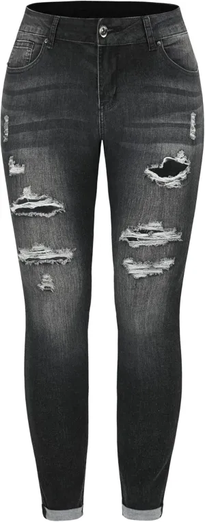 THUNDER STAR Womens Stretch Ripped Cropped Jeans Mid Rise Distressed Casual Denim Pants