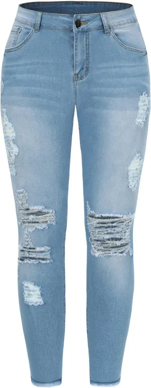 THUNDER STAR Womens Stretch Ripped Cropped Jeans Mid Rise Distressed Casual Denim Pants
