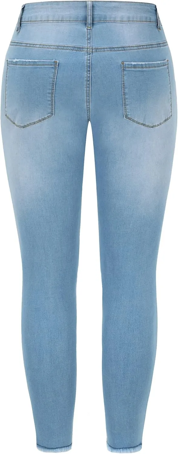 THUNDER STAR Womens Stretch Ripped Cropped Jeans Mid Rise Distressed Casual Denim Pants