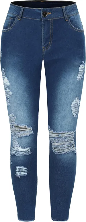 THUNDER STAR Womens Stretch Ripped Cropped Jeans Mid Rise Distressed Casual Denim Pants