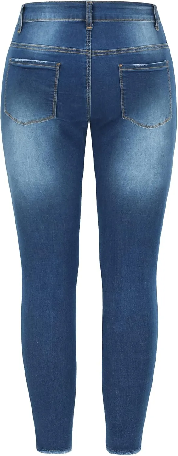 THUNDER STAR Womens Stretch Ripped Cropped Jeans Mid Rise Distressed Casual Denim Pants