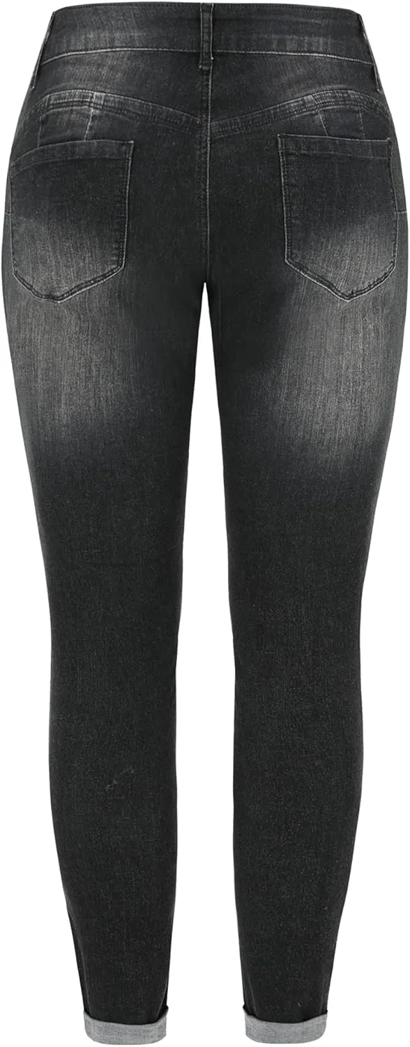 THUNDER STAR Womens Stretch Ripped Cropped Jeans Mid Rise Distressed Casual Denim Pants