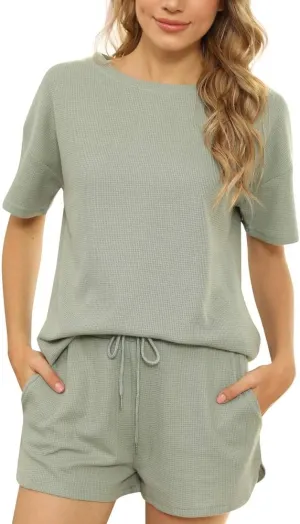 Tongzone Waffle Knit Pajama Set for Woman Short Sleeve Top and Shorts Athletic Loungewear Tracksuits with Pockets