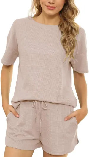 Tongzone Waffle Knit Pajama Set for Woman Short Sleeve Top and Shorts Athletic Loungewear Tracksuits with Pockets