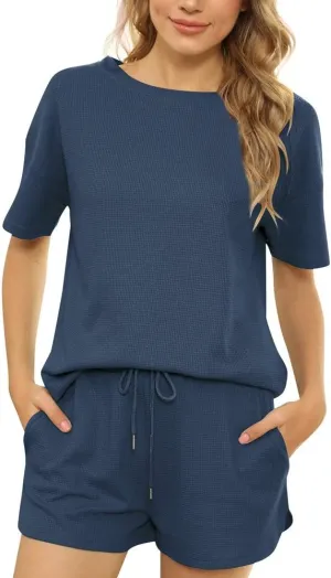 Tongzone Waffle Knit Pajama Set for Woman Short Sleeve Top and Shorts Athletic Loungewear Tracksuits with Pockets