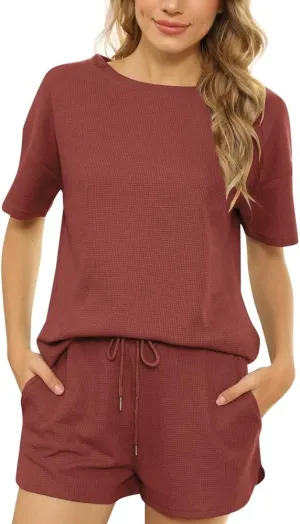 Tongzone Waffle Knit Pajama Set for Woman Short Sleeve Top and Shorts Athletic Loungewear Tracksuits with Pockets