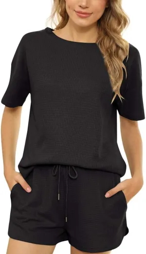 Tongzone Waffle Knit Pajama Set for Woman Short Sleeve Top and Shorts Athletic Loungewear Tracksuits with Pockets