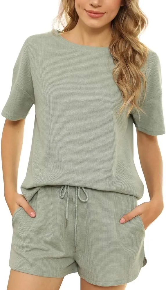 Tongzone Waffle Knit Pajama Set for Woman Short Sleeve Top and Shorts Athletic Loungewear Tracksuits with Pockets